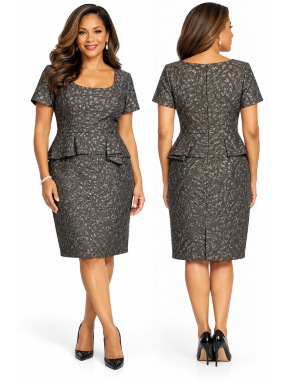 St. John Black & Silver Midi Peplum Dress Size 12